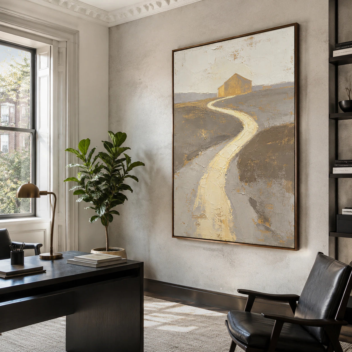 Gilded-Path in an airy home office with natural daylight and a reading chair.