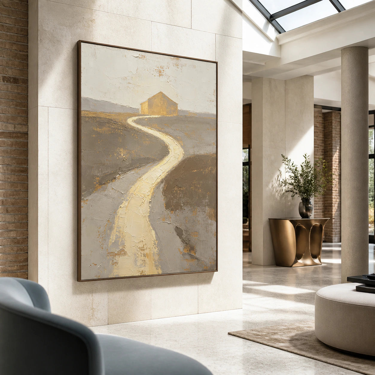 Gilded-Path presented at gallery scale in a bright stone foyer.