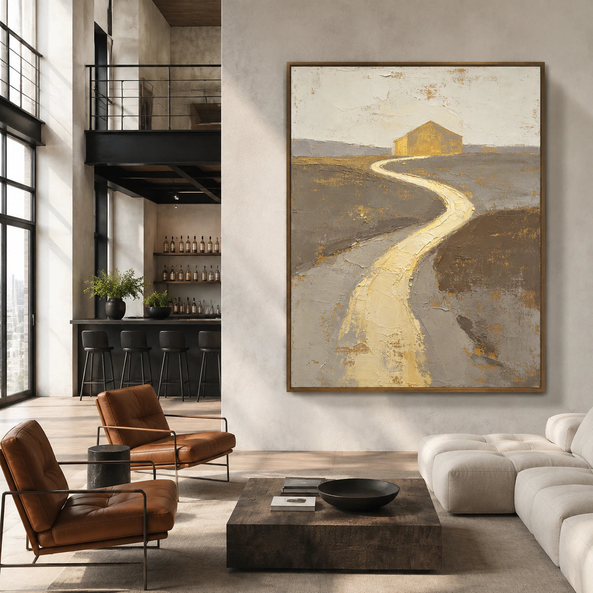 Gilded-Path as a large focal artwork in an expansive loft hospitality interior.