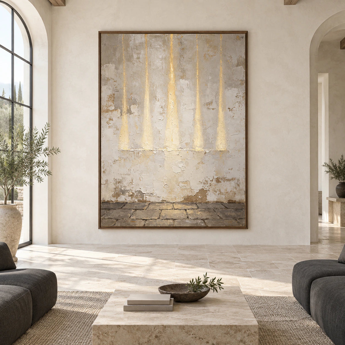 Large Gilded-Patina painting displayed straight-on in a spacious architectural living area.