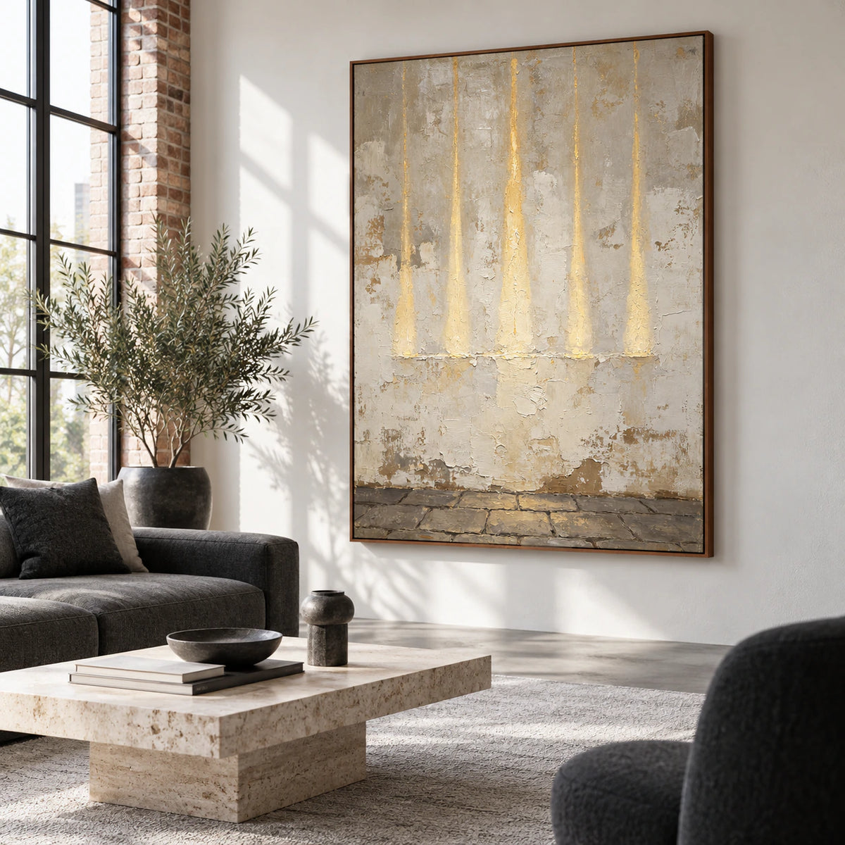 Gilded-Patina as the focal artwork in a bright contemporary living room.