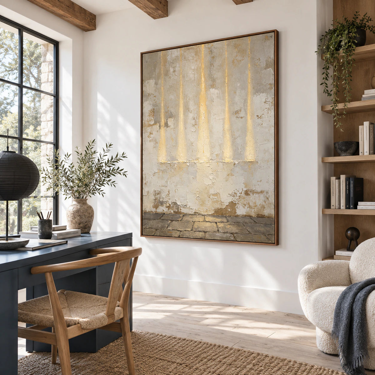 Gilded-Patina as the central artwork in an airy home office reading space.