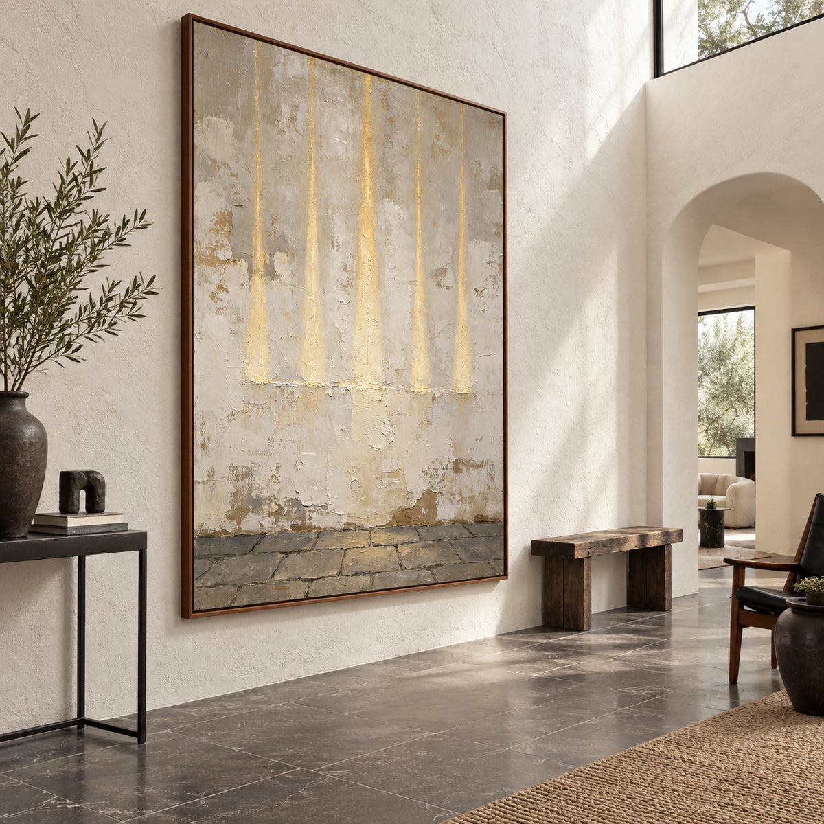 Gallery-scale Gilded-Patina in a bright sculptural foyer.