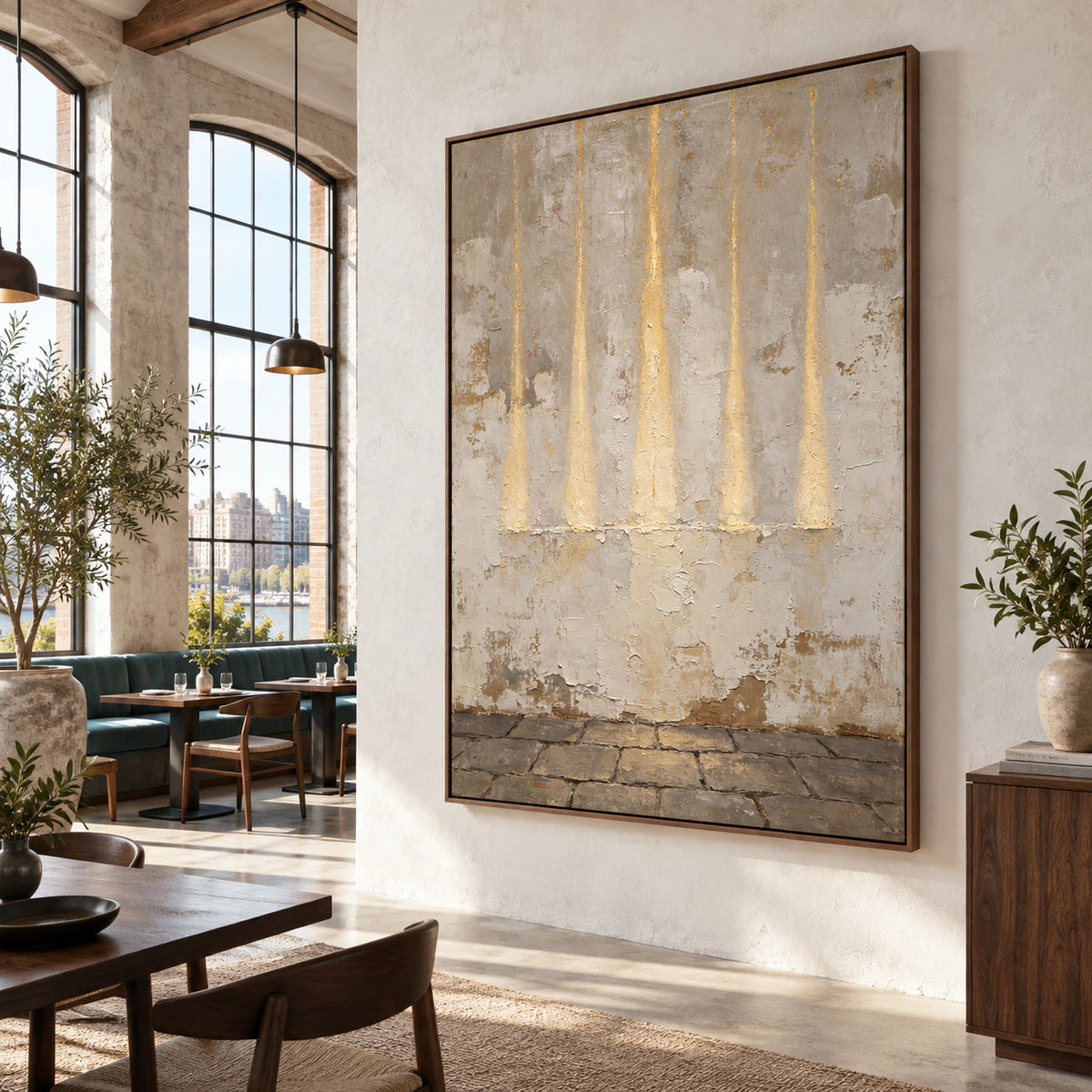 Gilded-Patina featured at large scale in an expansive loft hospitality interior.