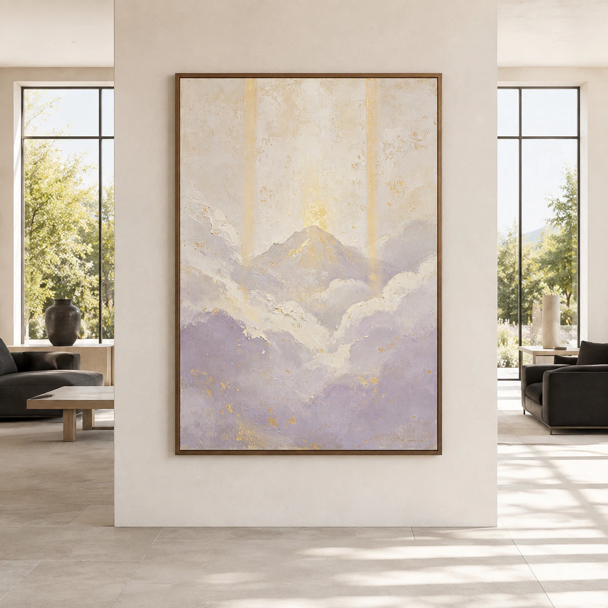 Large vertical abstract mountain painting with ivory, lavender-grey, and gold texture in a spacious gallery-like room.