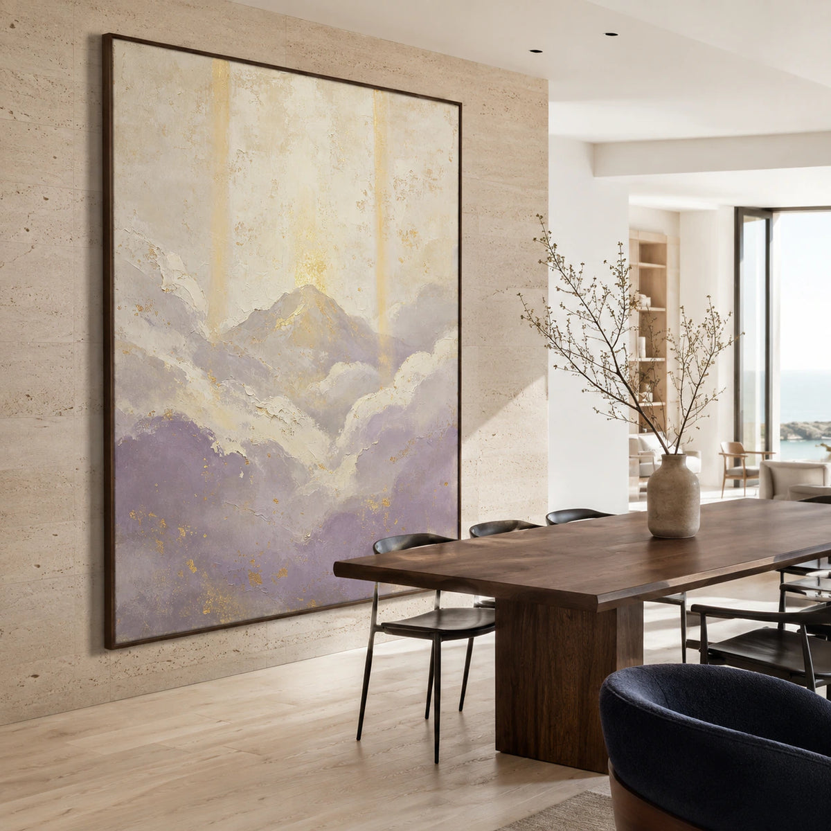 Vertical ivory and lavender-grey mountain artwork in a refined daylight dining room.