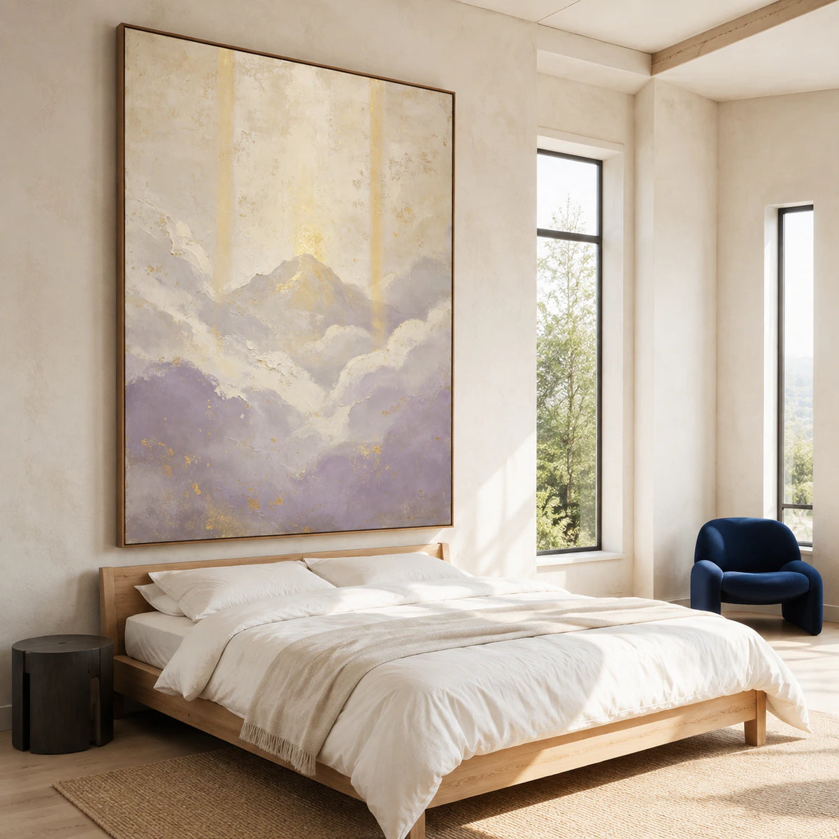 Textured abstract mountain painting in a calm, bright bedroom.