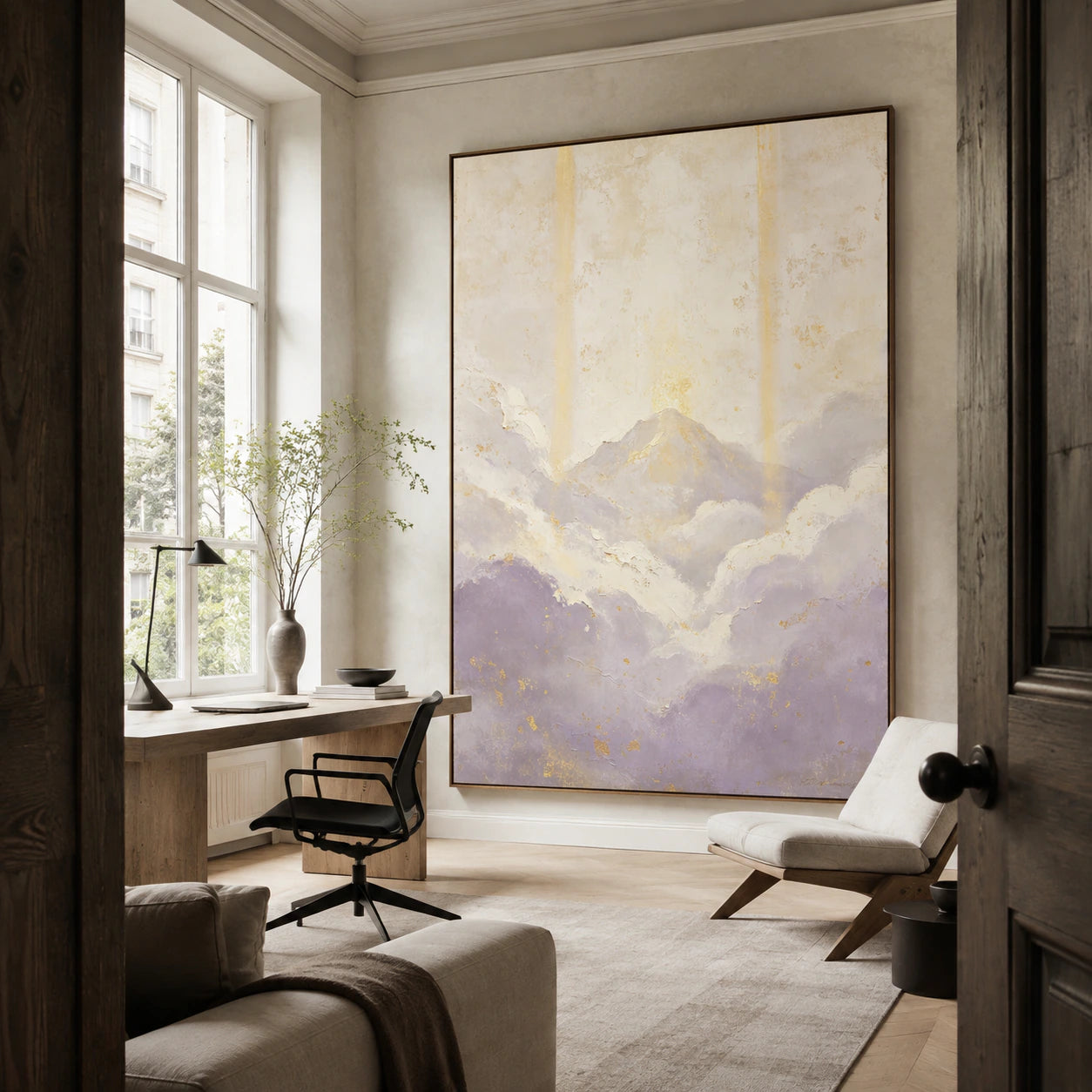 Large vertical abstract landscape painting in an airy home office reading space.