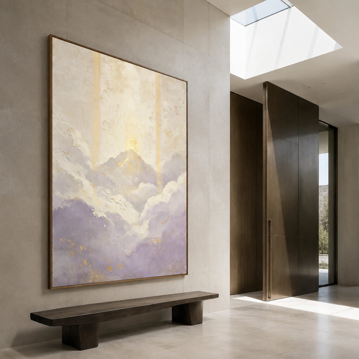 Gallery-scale abstract mountain painting in a bright architectural foyer.