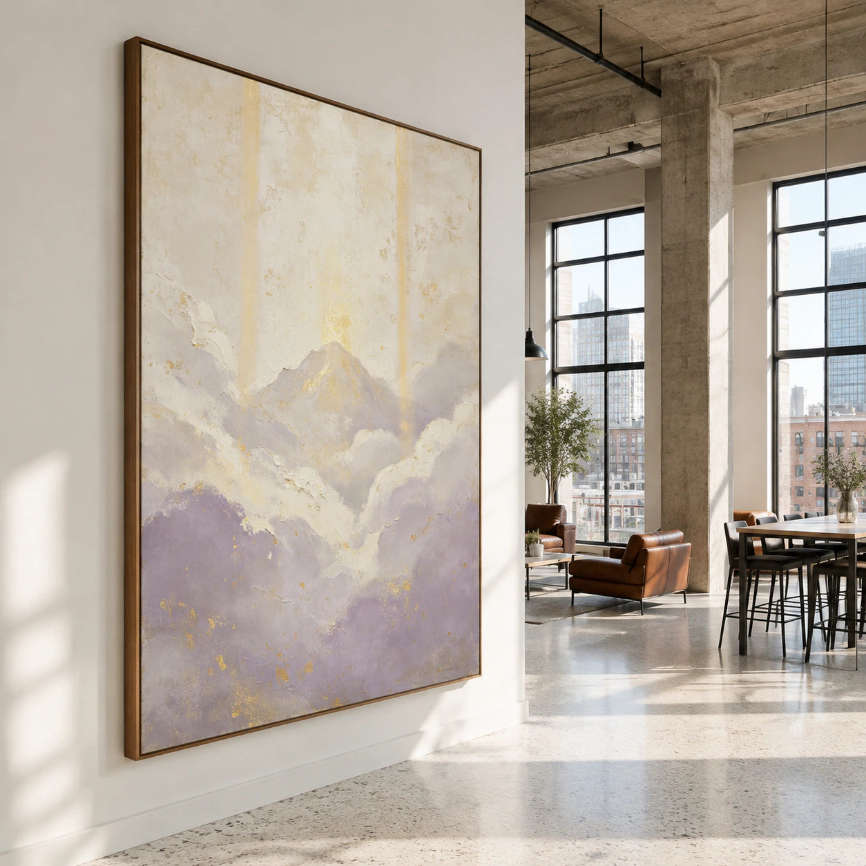 Large textured ivory and lavender-grey artwork in an expansive loft hospitality interior.