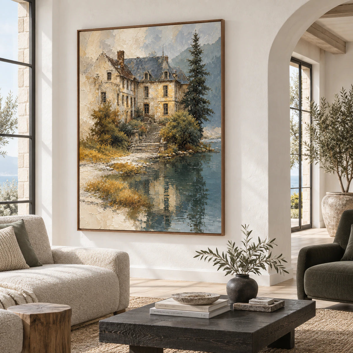 Bright living room with Gilded-Refuge as the prominent vertical artwork.