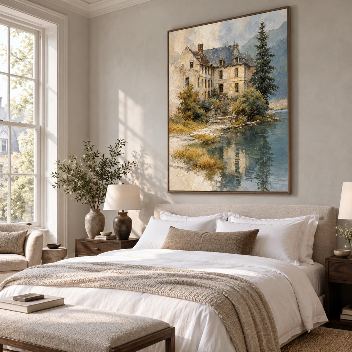 Quiet bedroom with Gilded-Refuge displayed as the focal wall art.