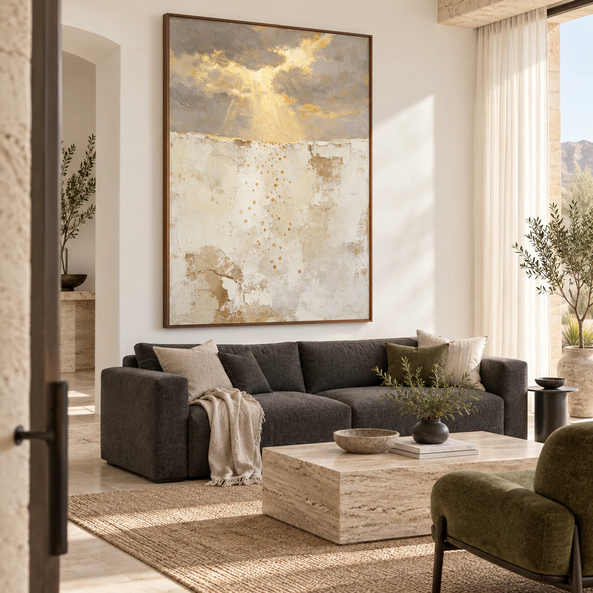 Gilded-Rift above a restrained sofa in a bright contemporary living room.