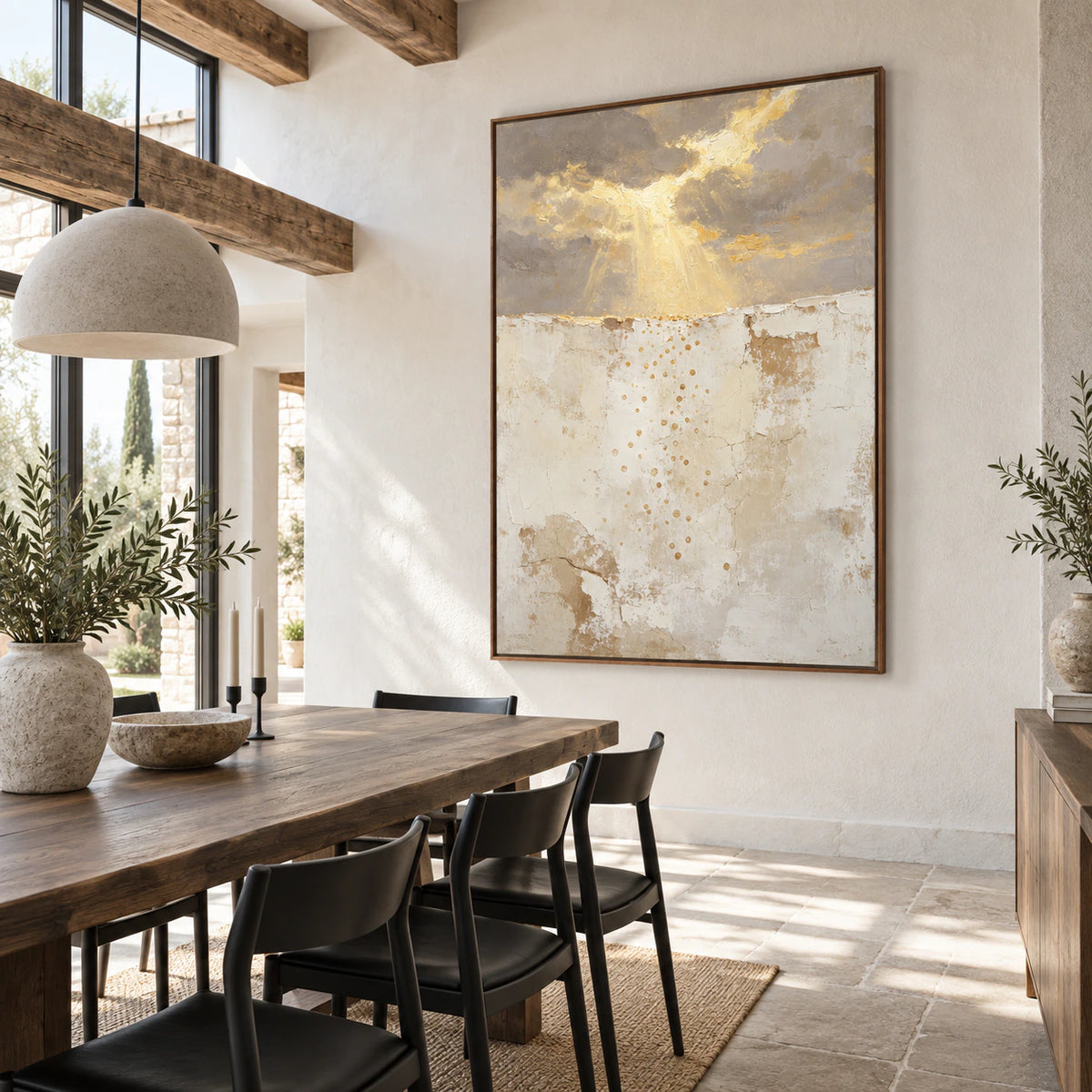Gilded-Rift as the focal artwork in a refined daylight dining room.