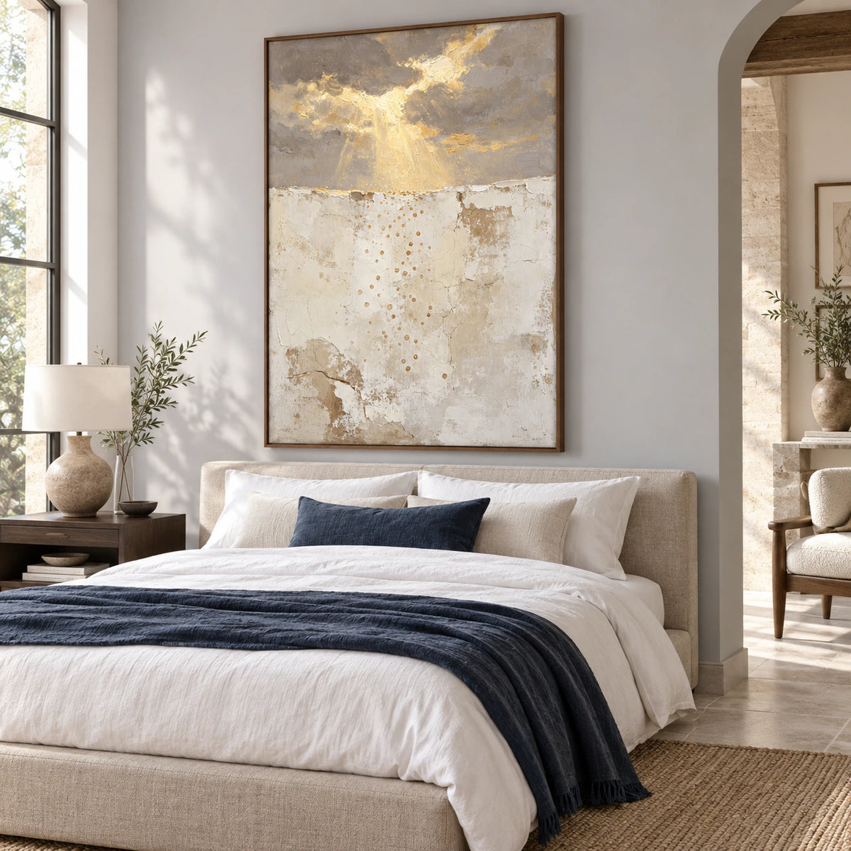 Gilded-Rift above a low upholstered bed in a quiet bedroom.