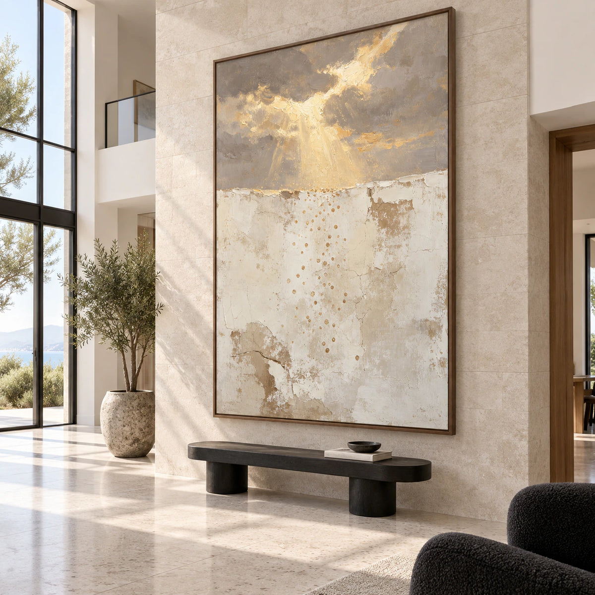 Gilded-Rift at gallery scale in a luminous stone foyer.