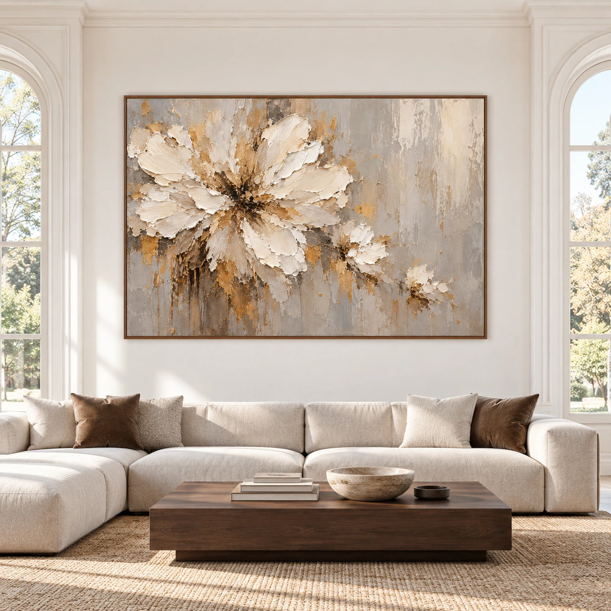 Large framed ivory floral abstract painting displayed prominently in a spacious, sunlit modern room.