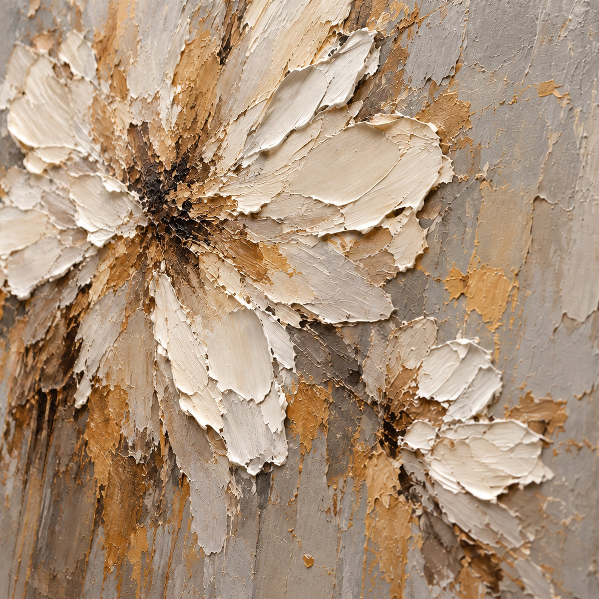 Gilded-Rosette oil painting brushwork and impasto detail photographed from an oblique side angle