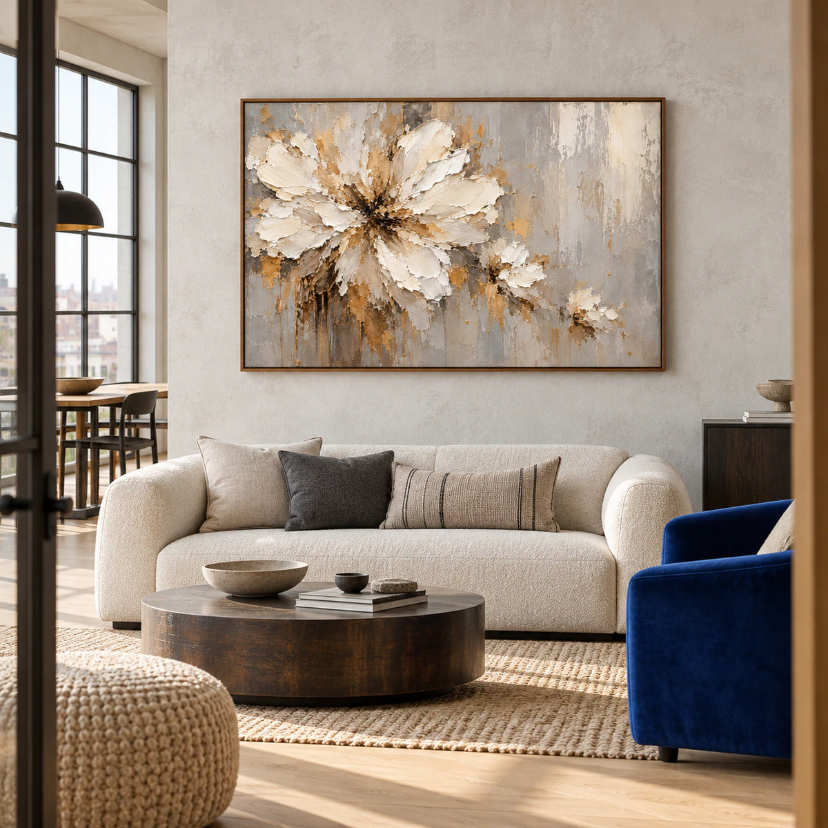 Prominent ivory floral artwork in an expansive loft interior with tall windows, concrete surfaces and restrained furnishings.