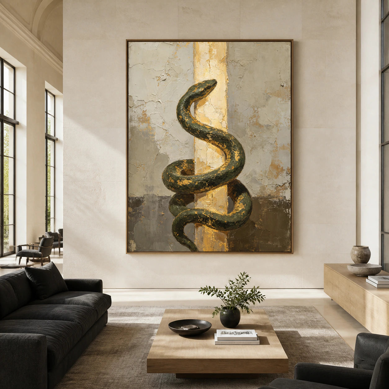 Gilded-Serpent shown at large scale straight-on in a spacious architectural interior.