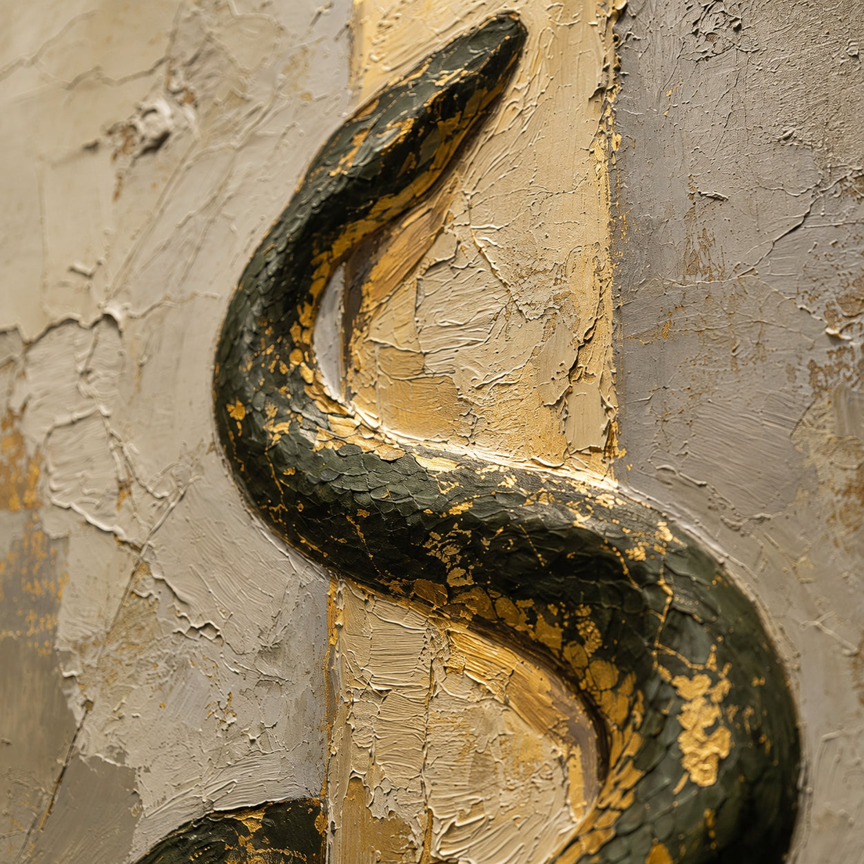 Gilded-Serpent oil painting brushwork and impasto detail photographed from an oblique side angle