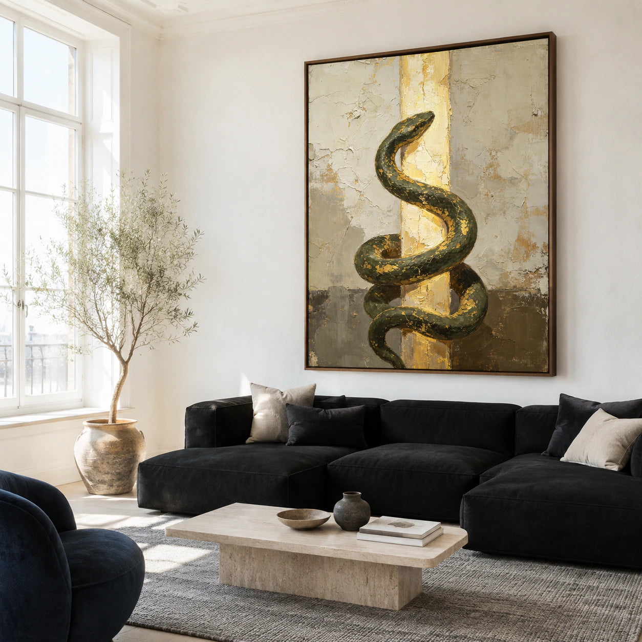 Gilded-Serpent as a large focal artwork in a bright contemporary living room.