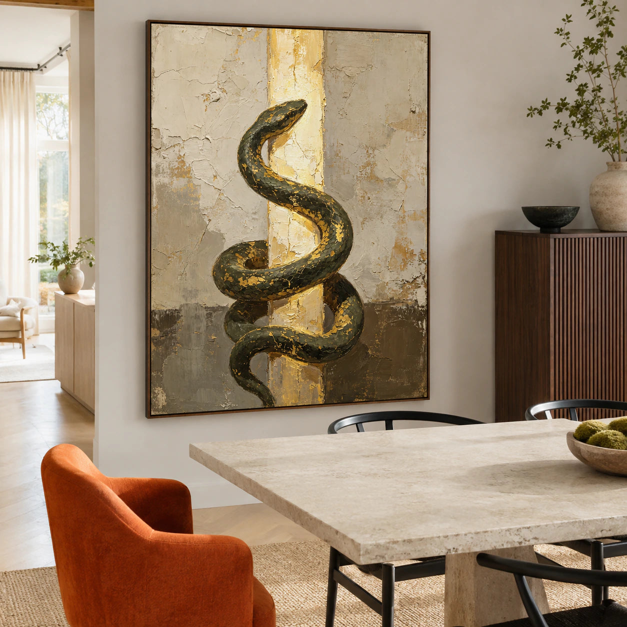 Gilded-Serpent displayed prominently in a refined daylight-filled dining room.