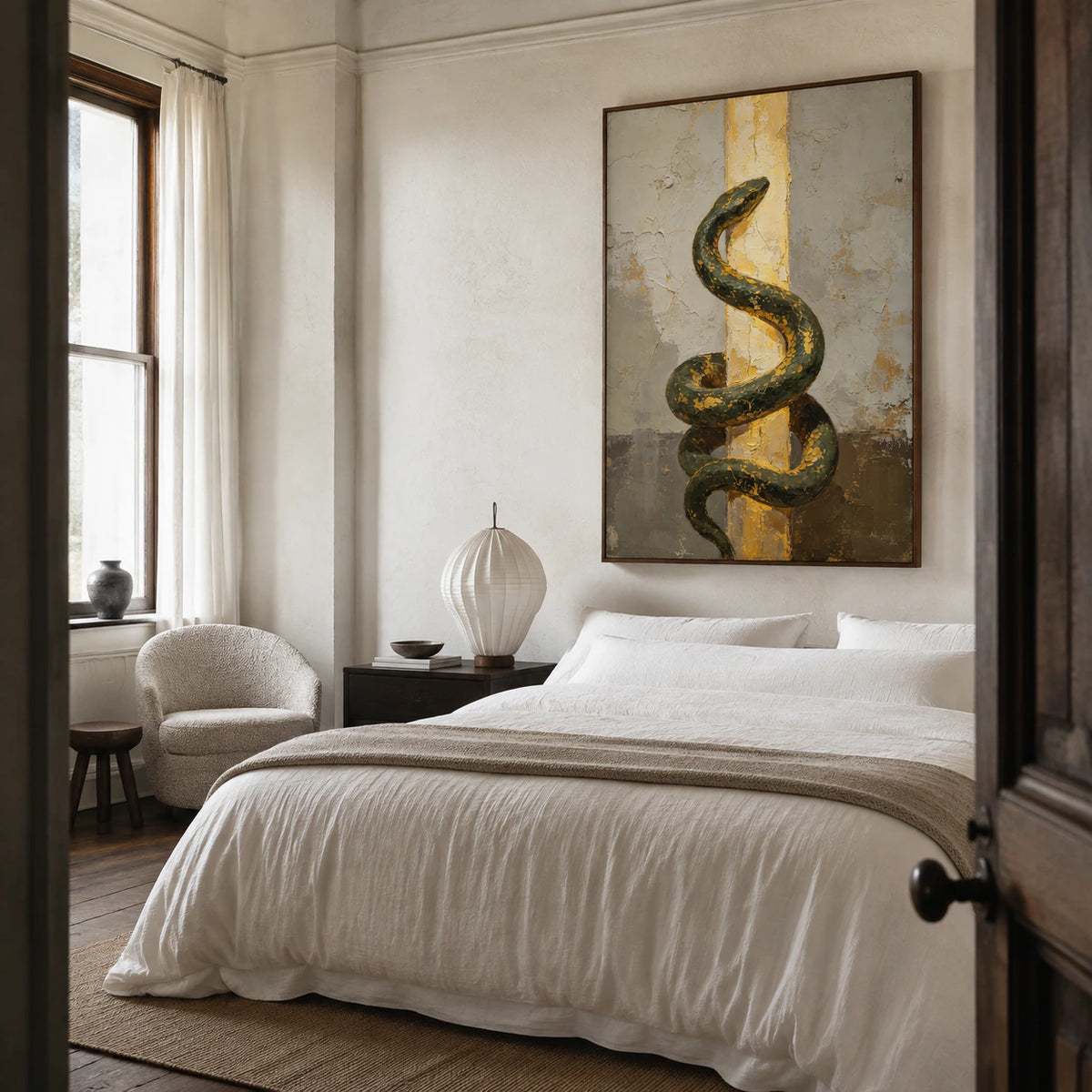 Gilded-Serpent above a quiet bedroom setting in soft natural daylight.