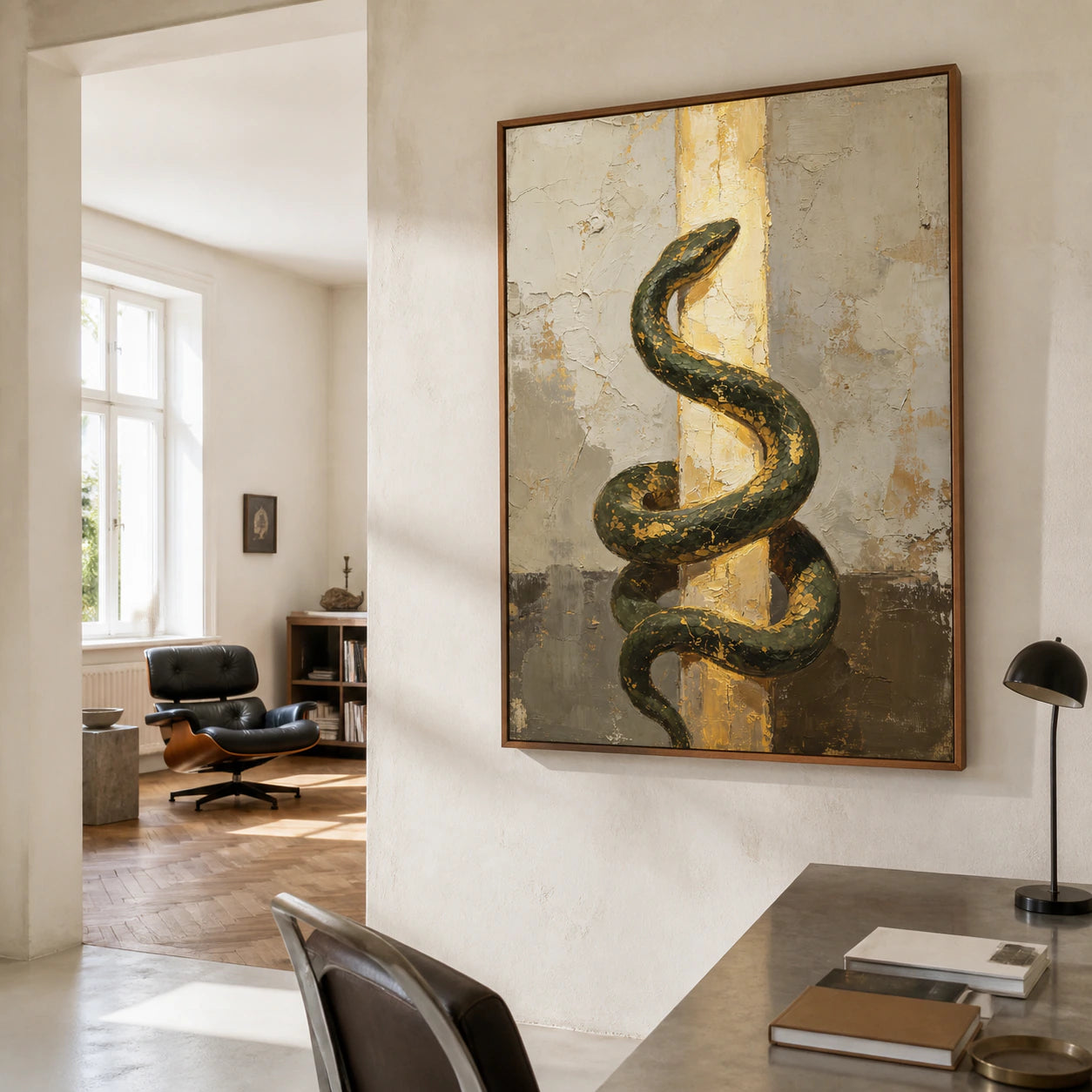 Gilded-Serpent as the central artwork in an airy home office reading space.