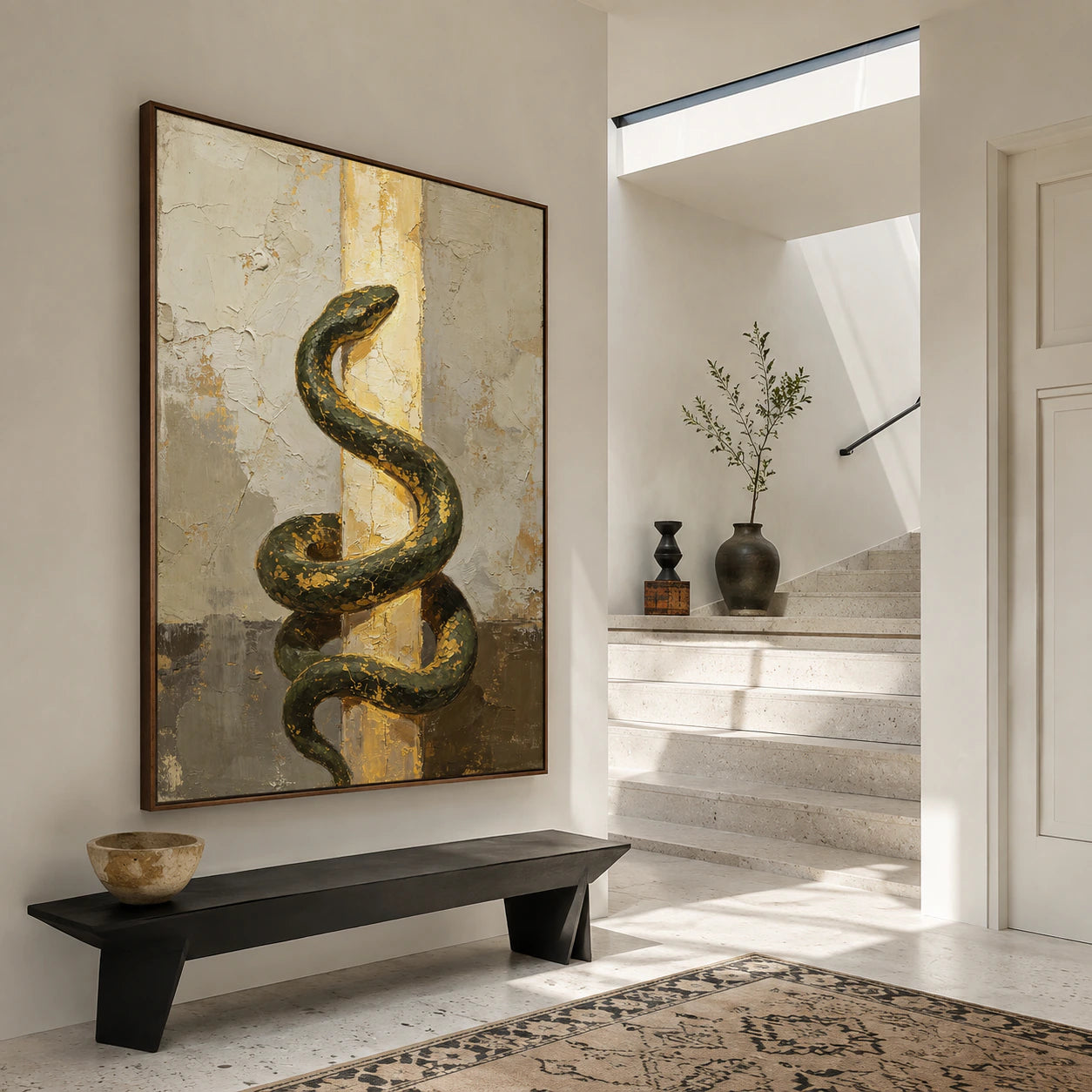 Gilded-Serpent at gallery scale in a bright sculptural foyer.
