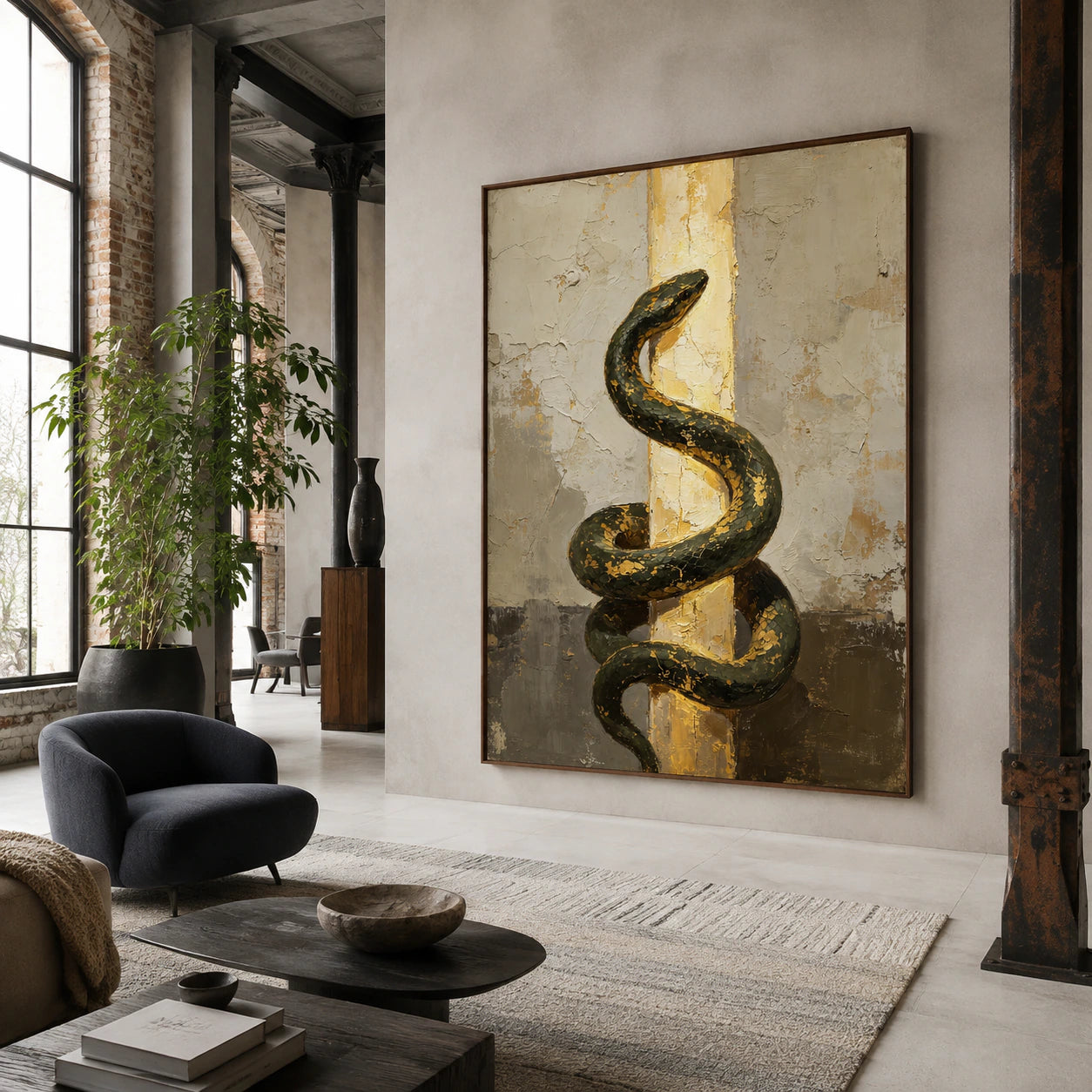 Gilded-Serpent featured at large scale in an open hospitality loft interior.