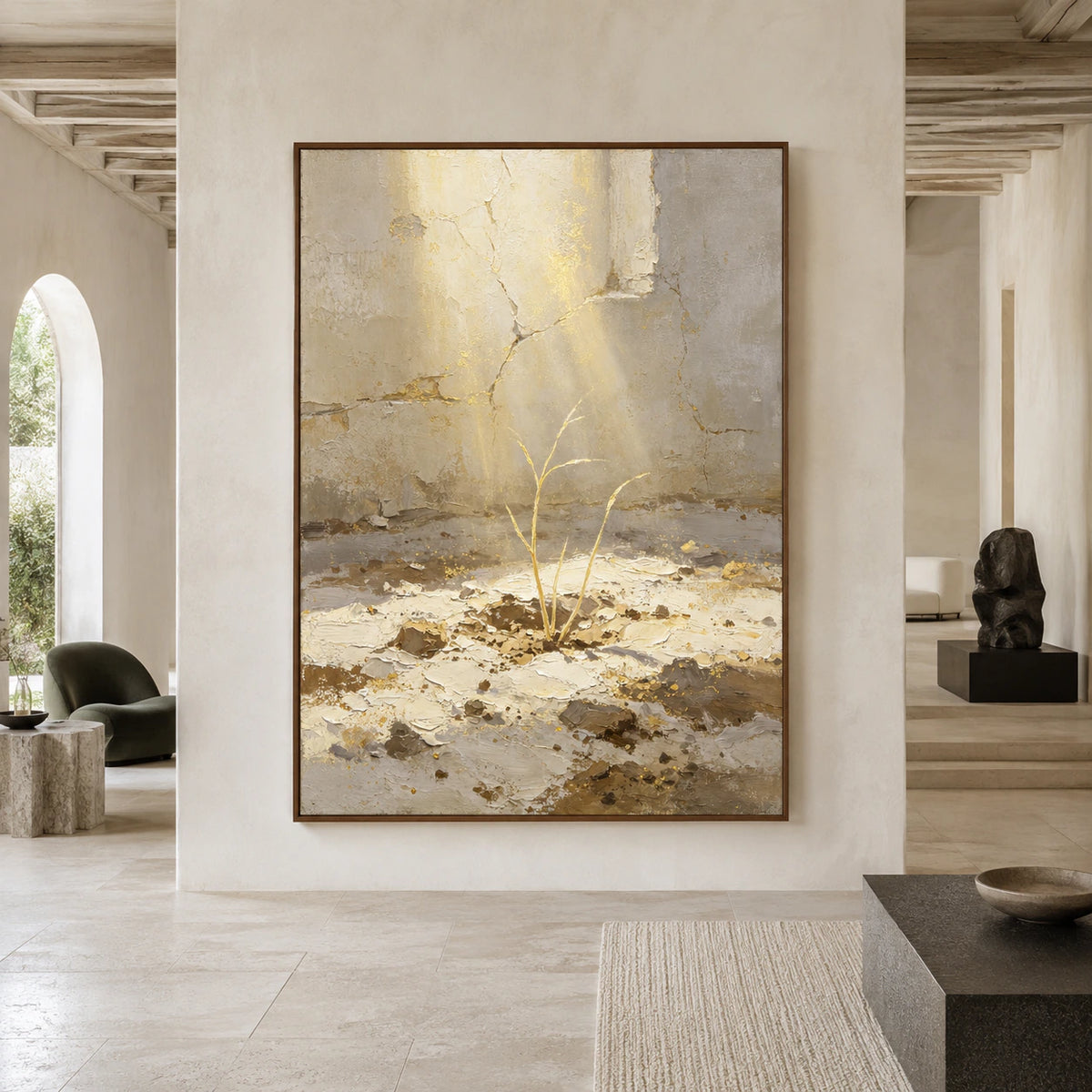 Gilded-Sprout displayed at large scale in a bright, spacious gallery living room.