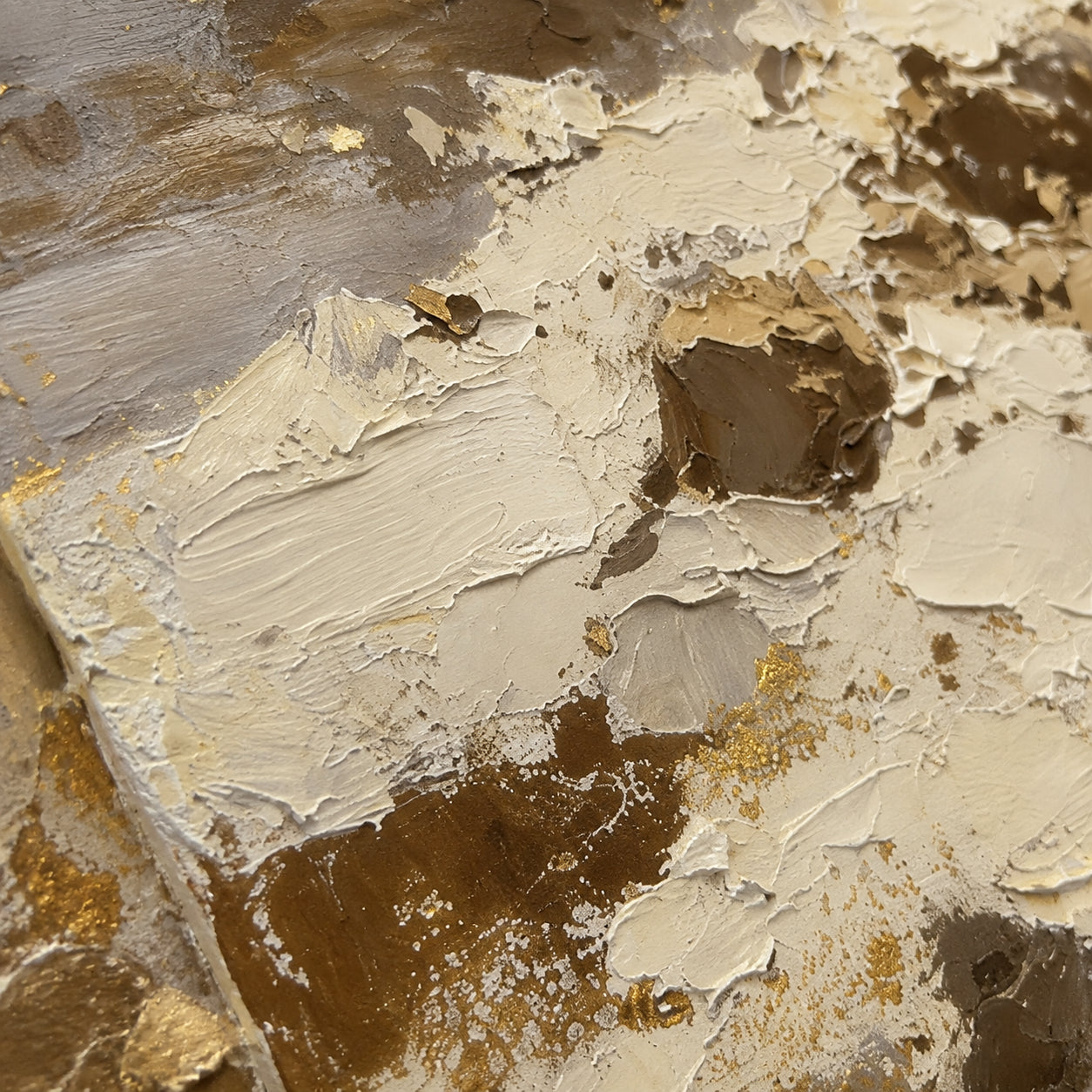 Gilded-Sprout oil painting brushwork and impasto detail photographed from an oblique side angle