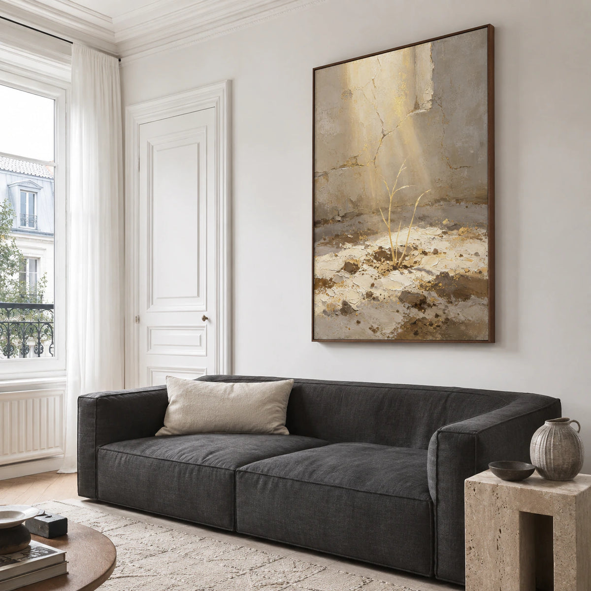 Gilded-Sprout above a restrained sofa in a bright contemporary living room.