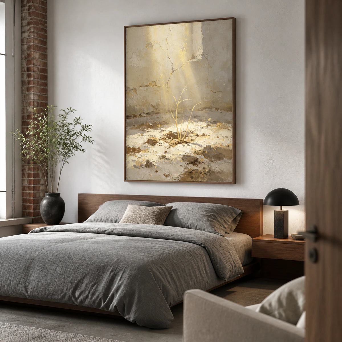 Gilded-Sprout bringing tactile warmth to a quiet, airy bedroom.