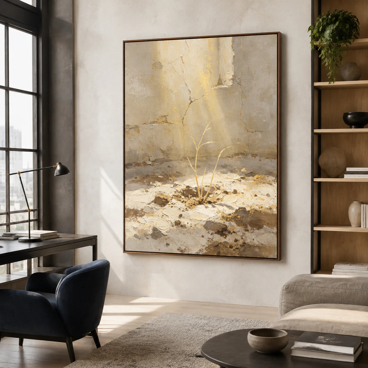 Gilded-Sprout above a reading chair in a naturally lit home office.