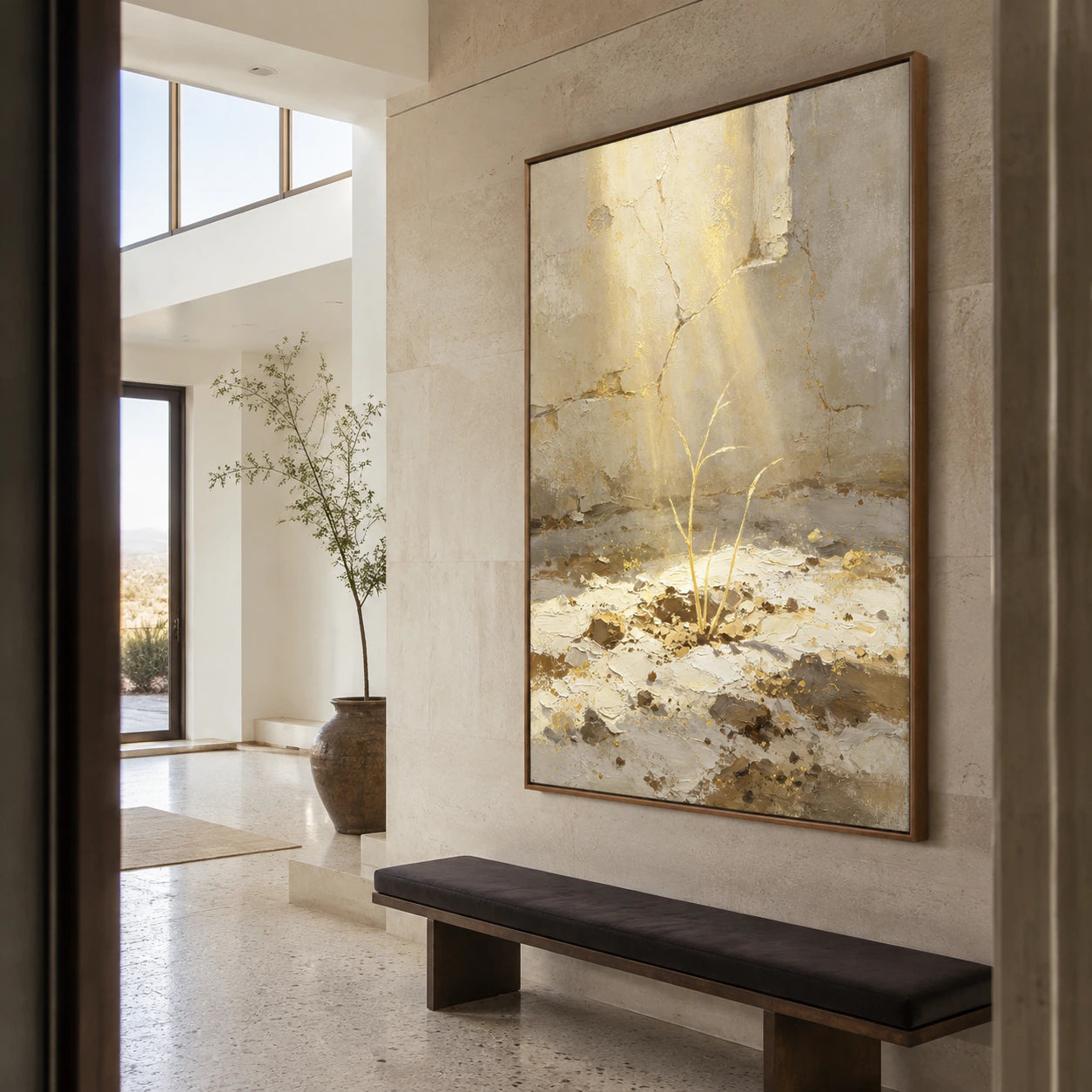 Gilded-Sprout presented at gallery scale in an open stone foyer.