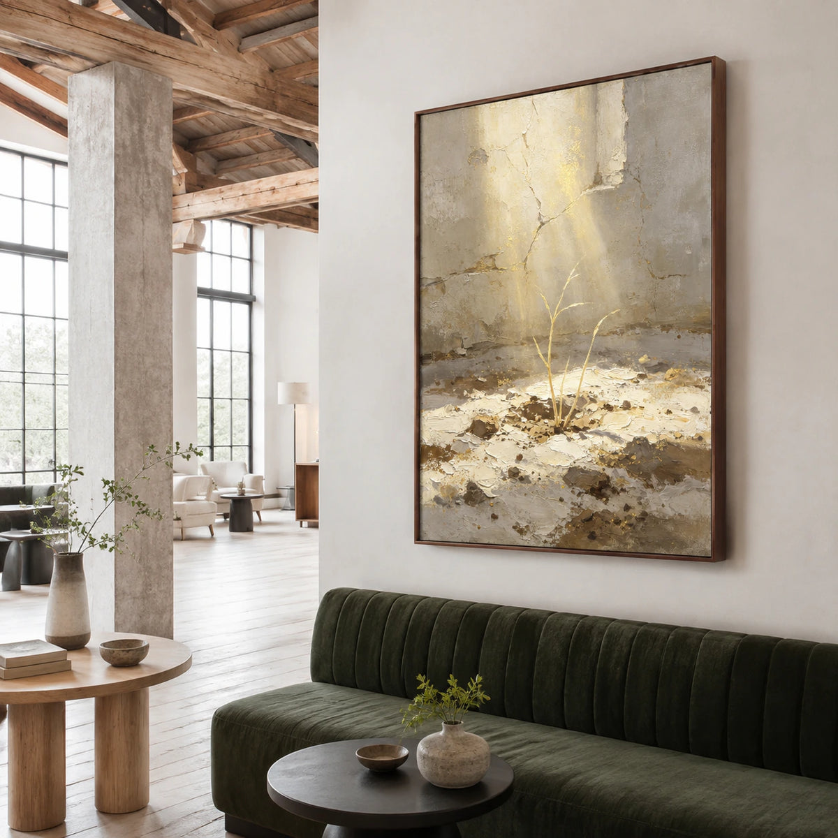 Gilded-Sprout anchoring an expansive, sunlit loft hospitality interior.