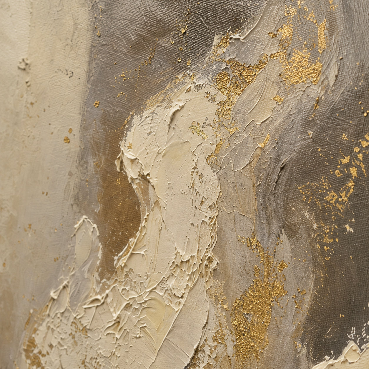 Gilded-Thicket oil painting brushwork and impasto detail photographed from an oblique side angle