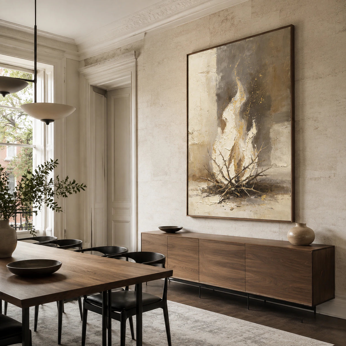 Gilded-Thicket displayed above a refined dining setting in natural daylight.