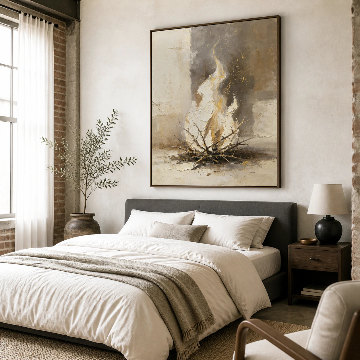 Gilded-Thicket bringing tactile contrast to a quiet, light-filled bedroom.