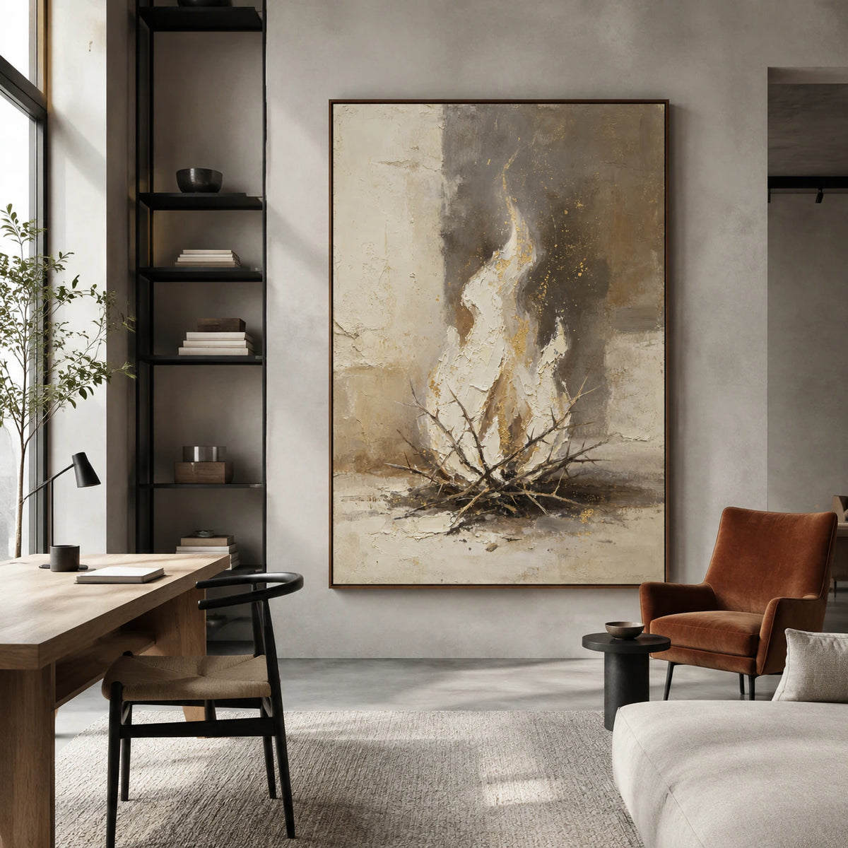 Gilded-Thicket featured prominently in an airy reading and home office space.