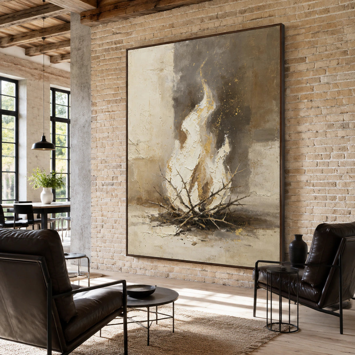 Gilded-Thicket anchoring an expansive daylight-filled loft hospitality interior.