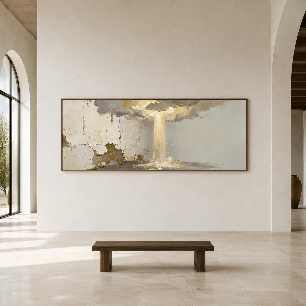Gilded-Threshold displayed at monumental scale on a bright gallery wall in a spacious interior.