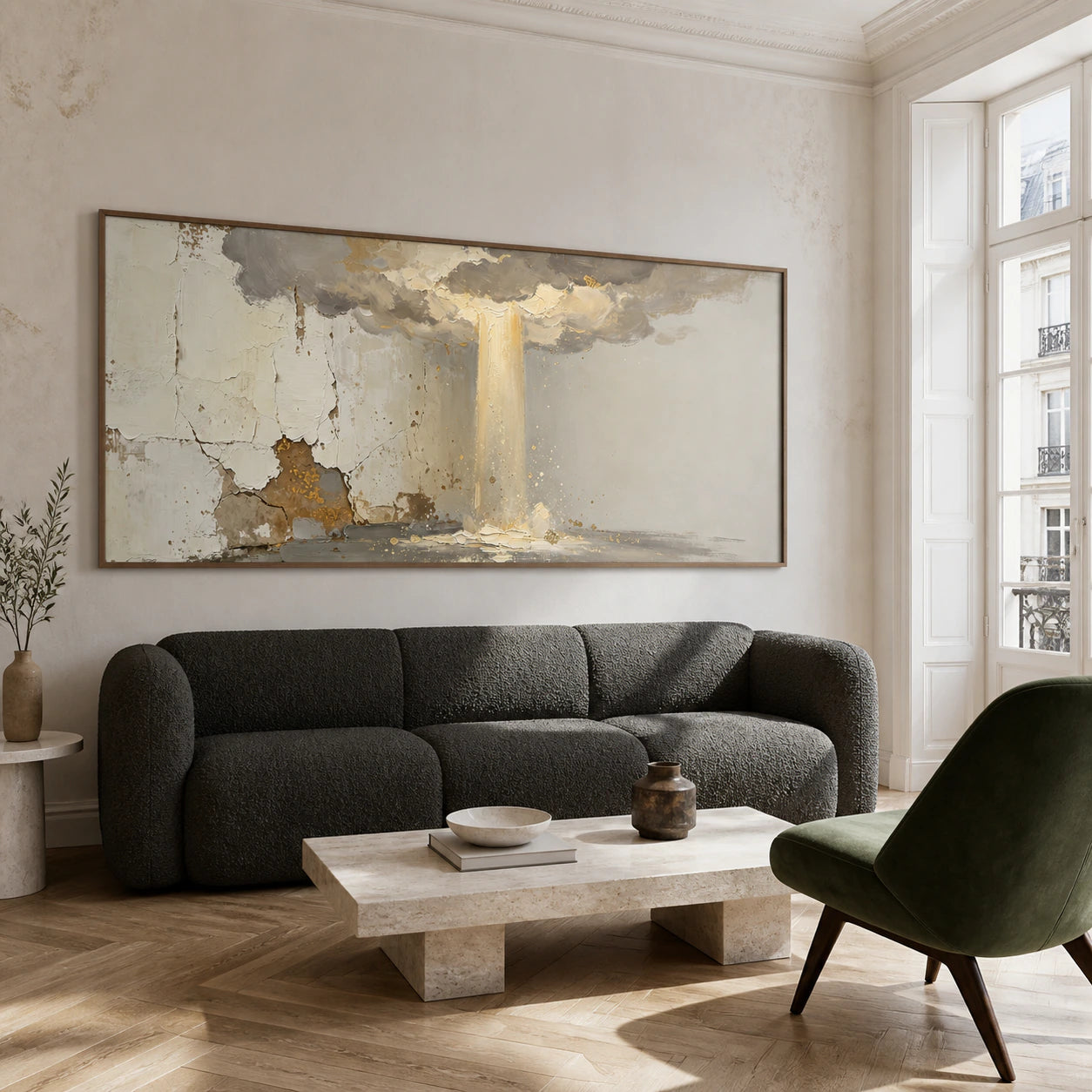 Gilded-Threshold above a sculptural sofa in a bright contemporary living room.