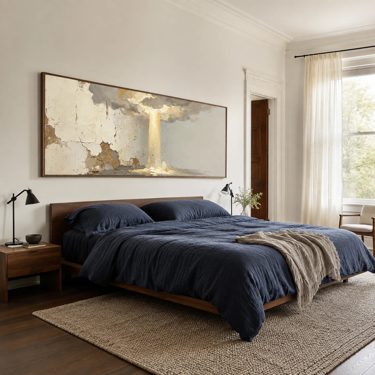 Gilded-Threshold above a low upholstered bed in a quiet, airy bedroom.