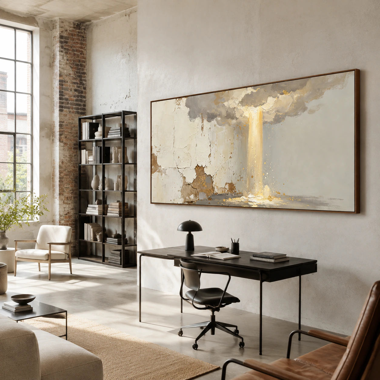 Gilded-Threshold in a bright reading and home-office space with architectural shelving.