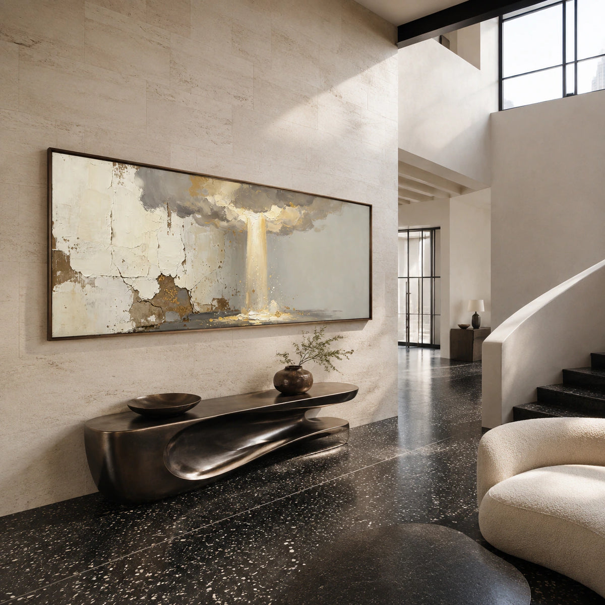 Gilded-Threshold at gallery scale in a luminous stone-lined foyer.