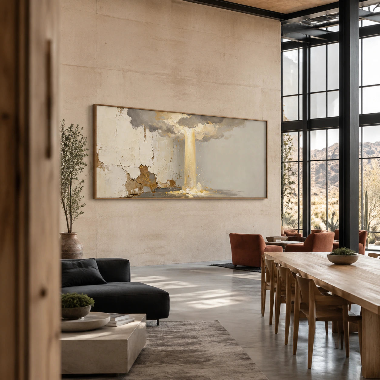 Gilded-Threshold commanding an expansive loft hospitality interior.
