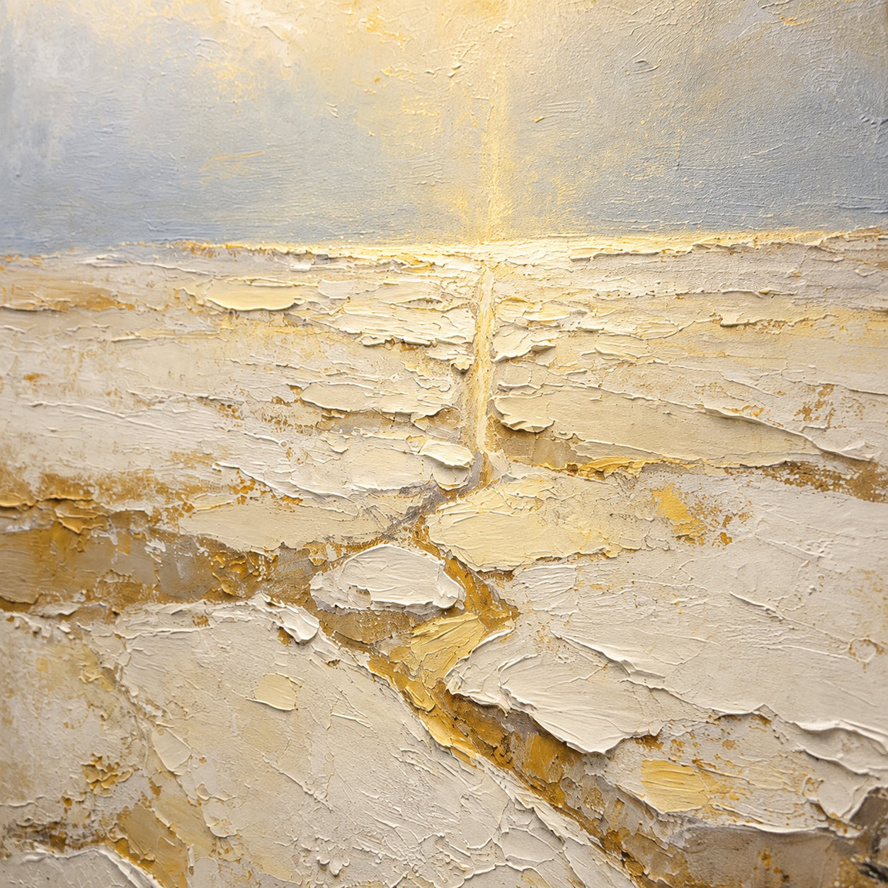 Gilded-Tide oil painting brushwork and impasto detail photographed from an oblique side angle
